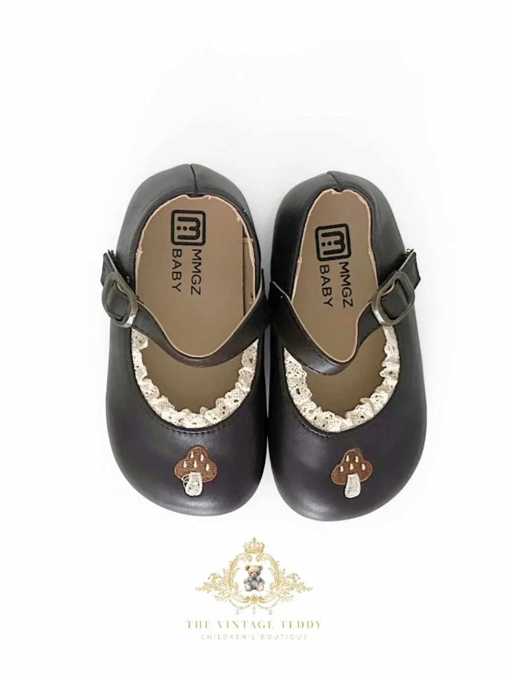 NWT Pretty Girls Embroidered Mary Jane Flats Children's Shoes Mushroom Brown 6.5